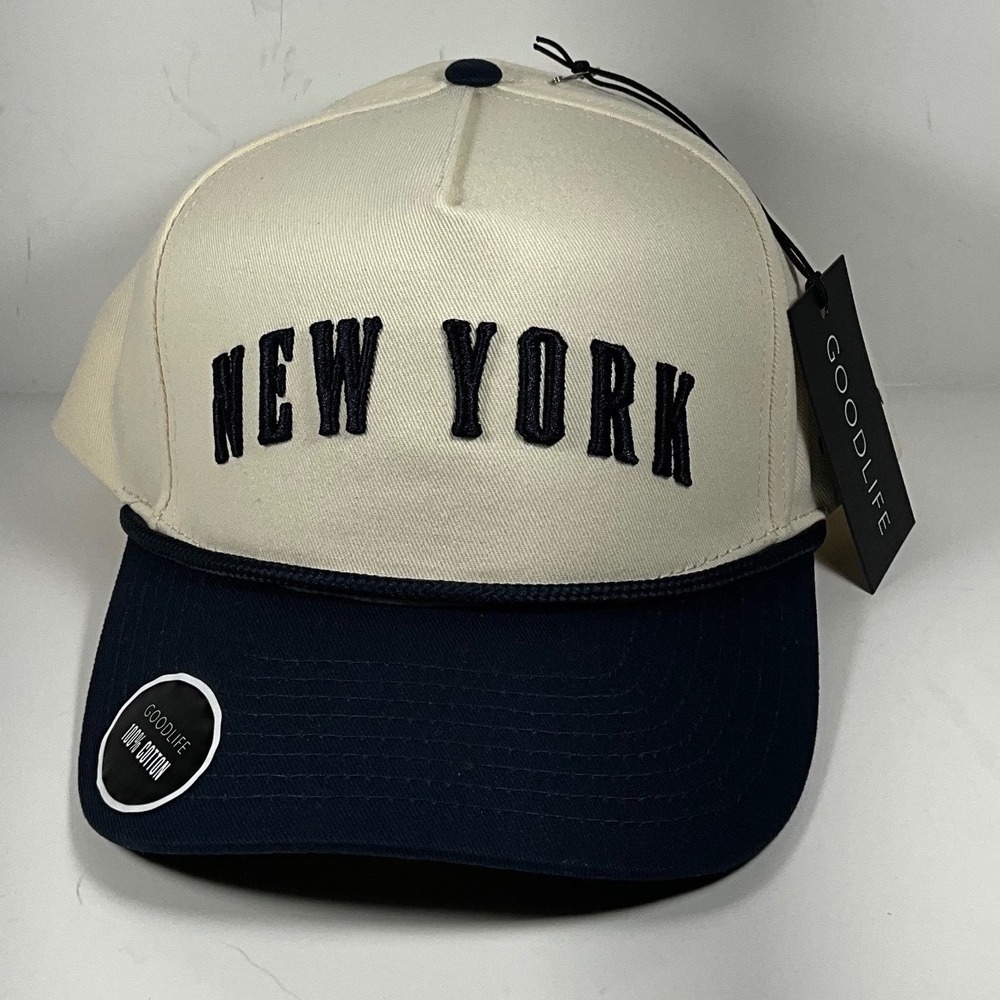 Goodlife New York Embroidered Snapback Hat Cream Navy Blue Cotton Est 1624 Cap